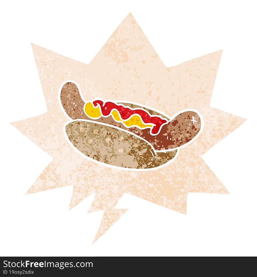 cartoon hot dog with speech bubble in grunge distressed retro textured style. cartoon hot dog with speech bubble in grunge distressed retro textured style