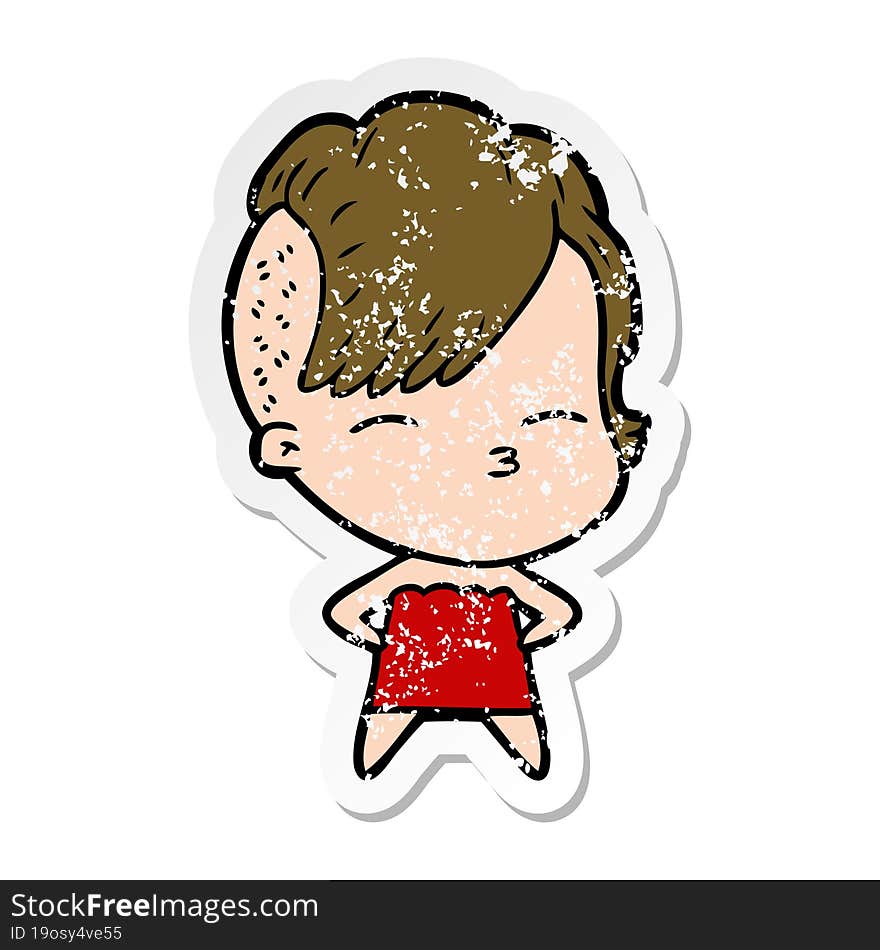 distressed sticker of a cartoon squinting girl in dress