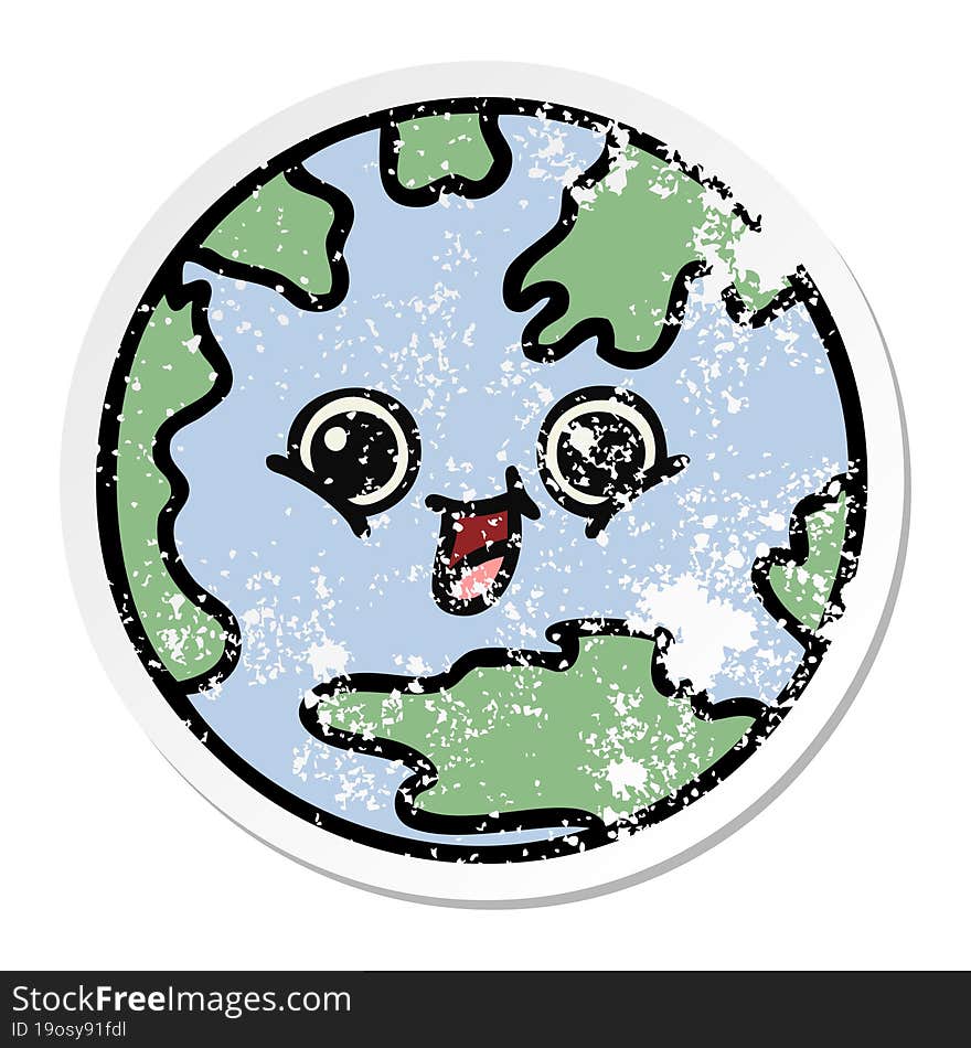 Distressed Sticker Of A Cute Cartoon Planet Earth