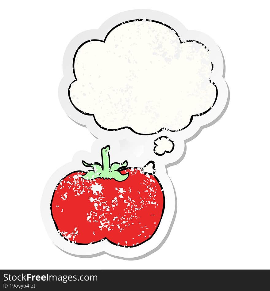 cartoon tomato and thought bubble as a distressed worn sticker