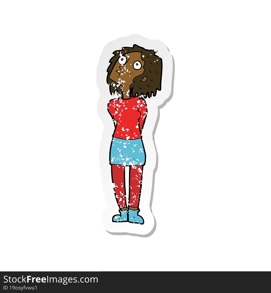 retro distressed sticker of a cartoon curious woman