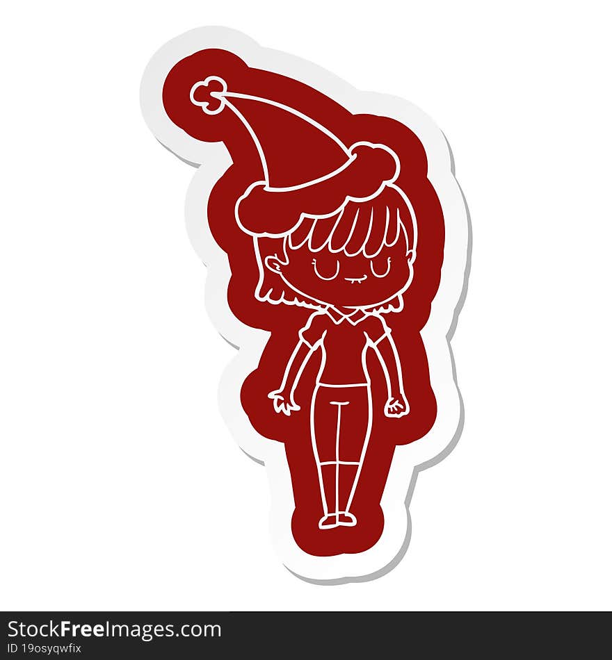 quirky cartoon  sticker of a woman wearing santa hat