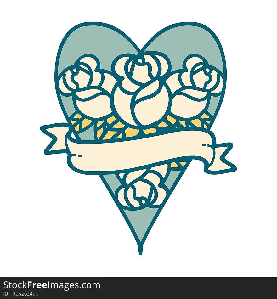 iconic tattoo style image of a heart and banner with flowers. iconic tattoo style image of a heart and banner with flowers