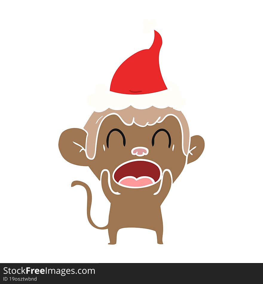 shouting flat color illustration of a monkey wearing santa hat