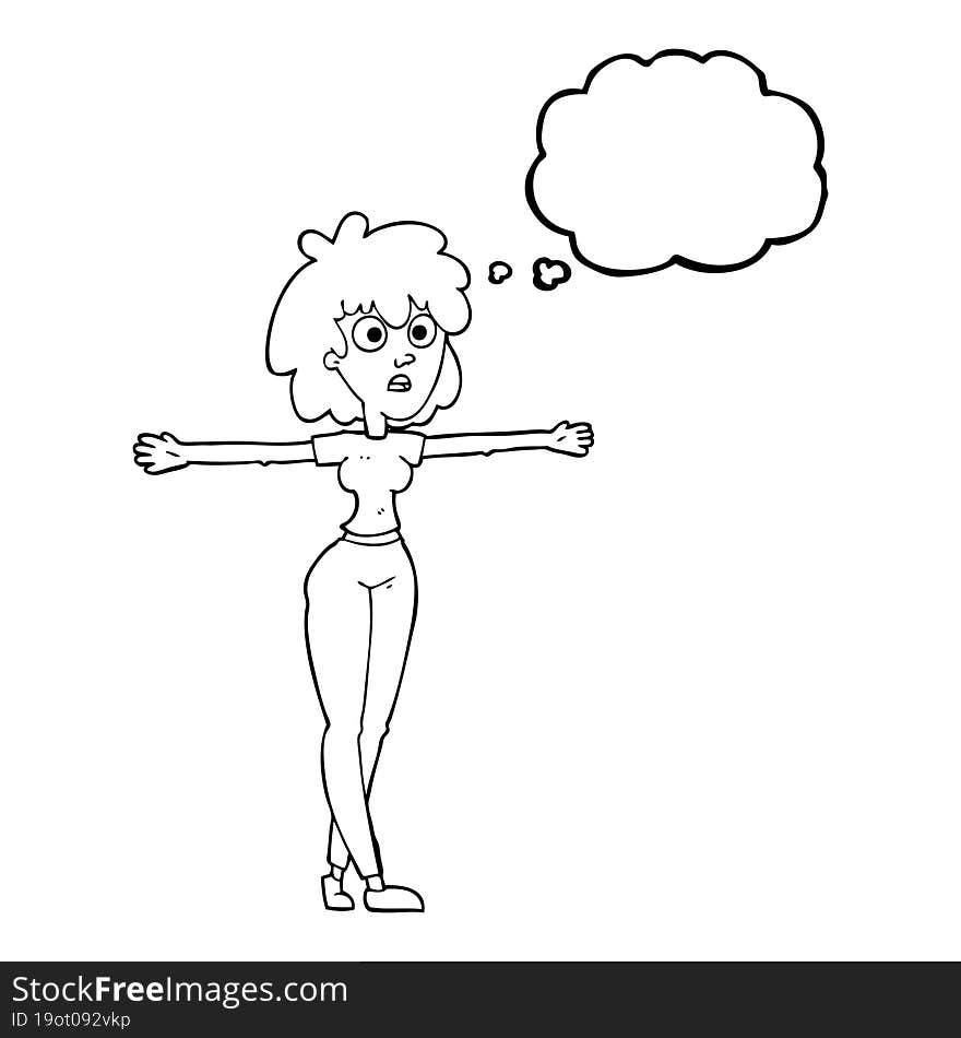 thought bubble cartoon woman spreading arms