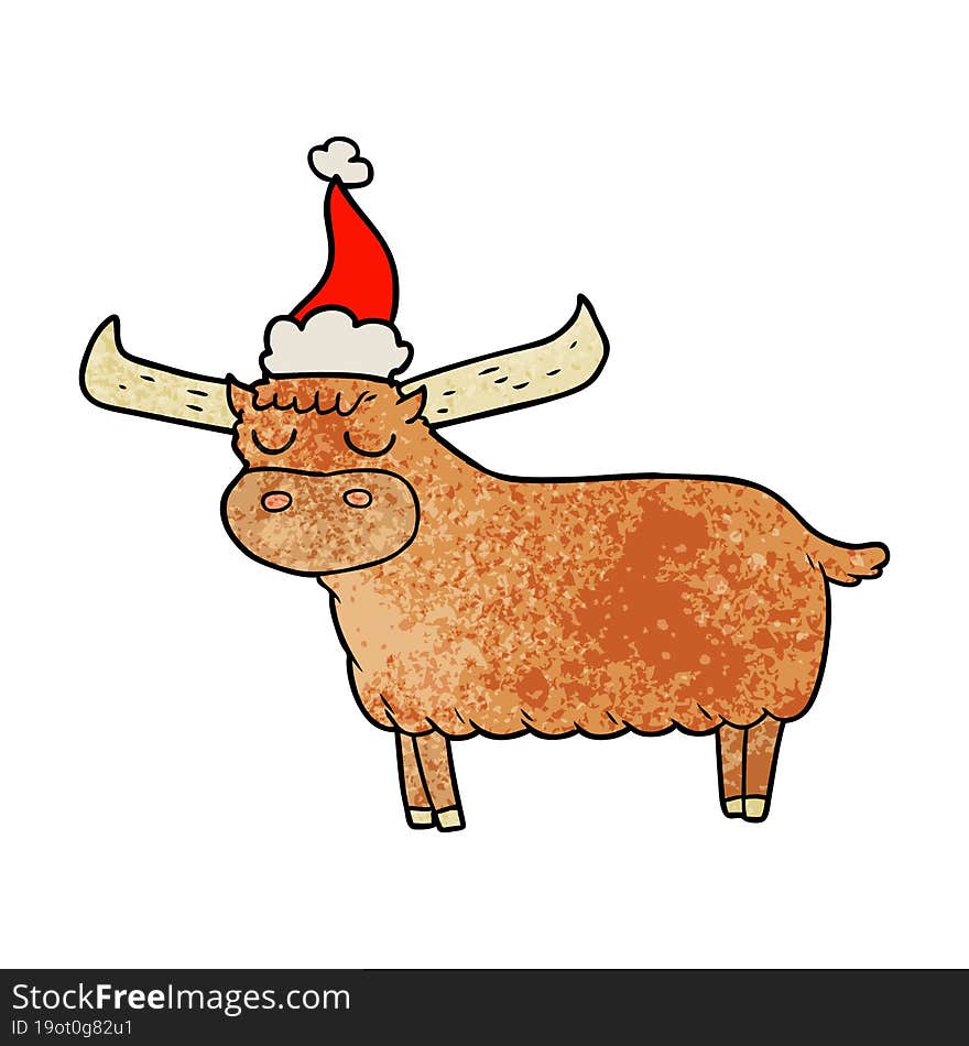 textured cartoon of a bull wearing santa hat