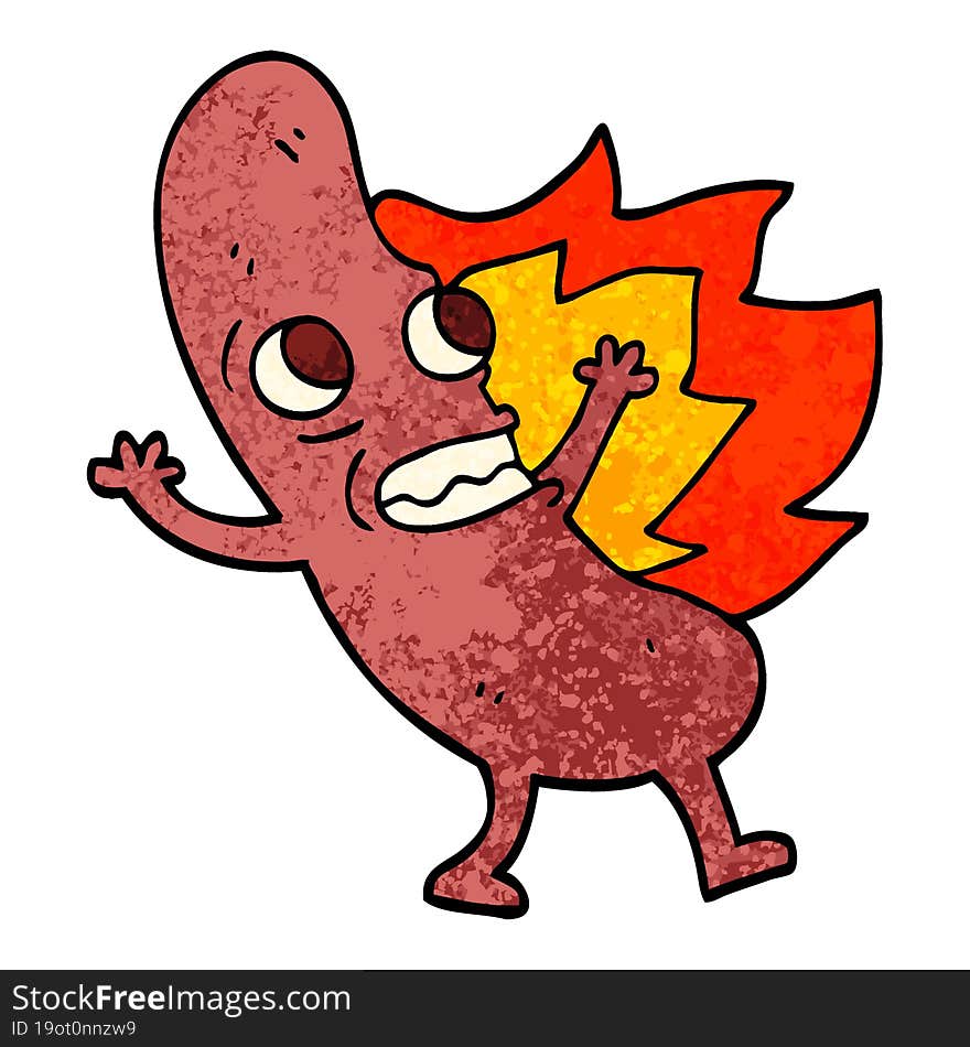 Grunge Textured Illustration Cartoon Flaming Hotdog