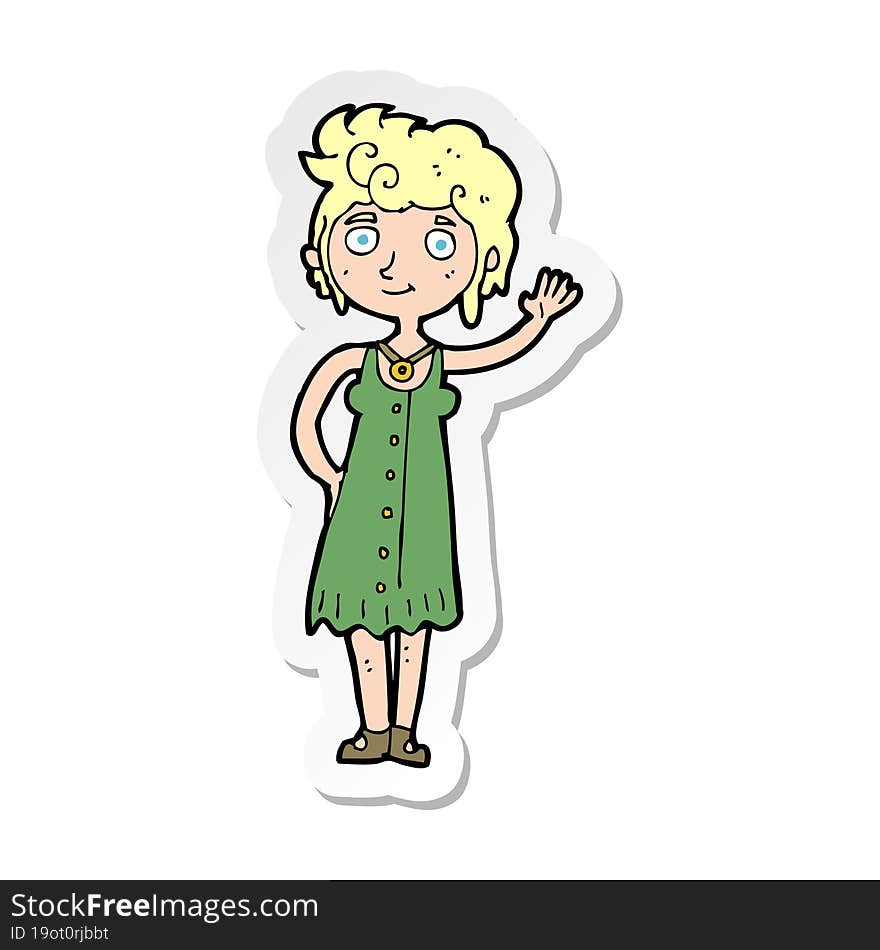 sticker of a cartoon hippie woman waving