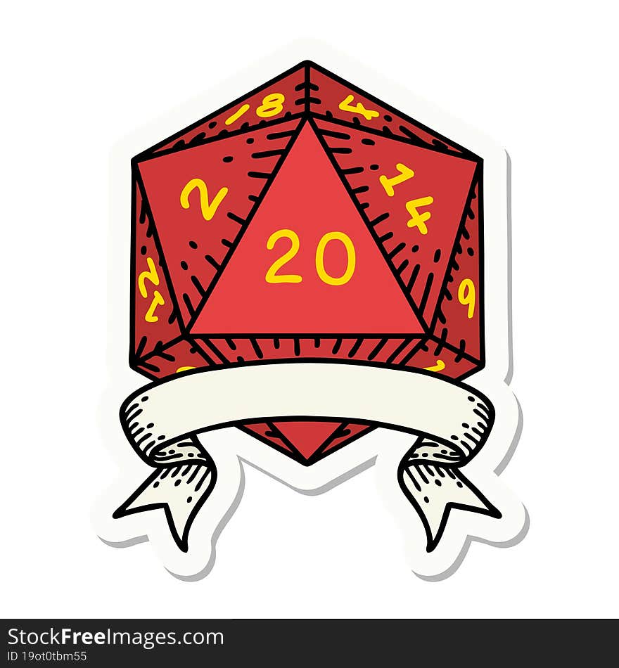 sticker of a natural 20 critical hit D20 dice roll. sticker of a natural 20 critical hit D20 dice roll