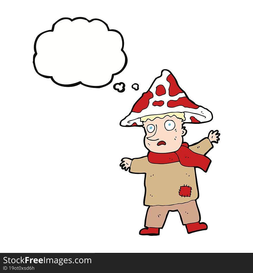 cartoon magical mushroom man with thought bubble