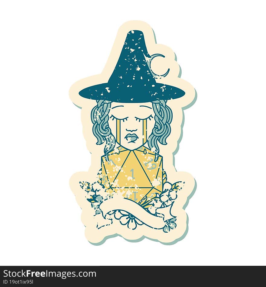 human witch with natural one D20 roll illustration