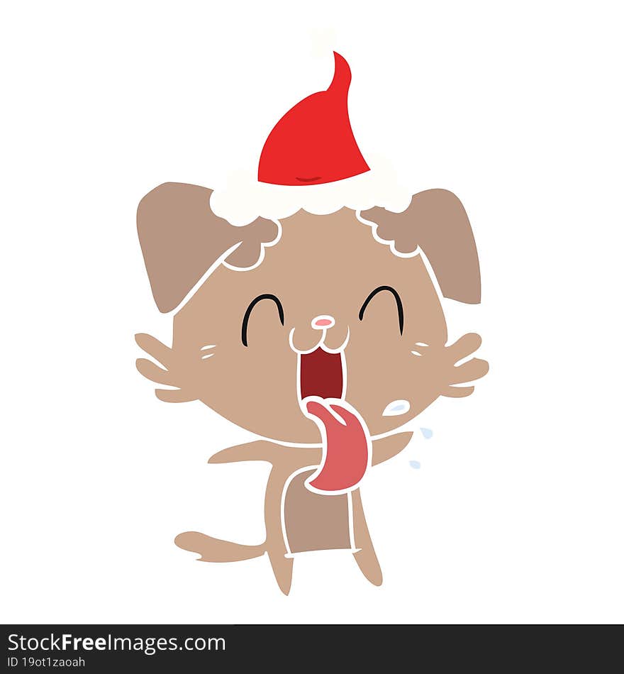 hand drawn flat color illustration of a panting dog wearing santa hat