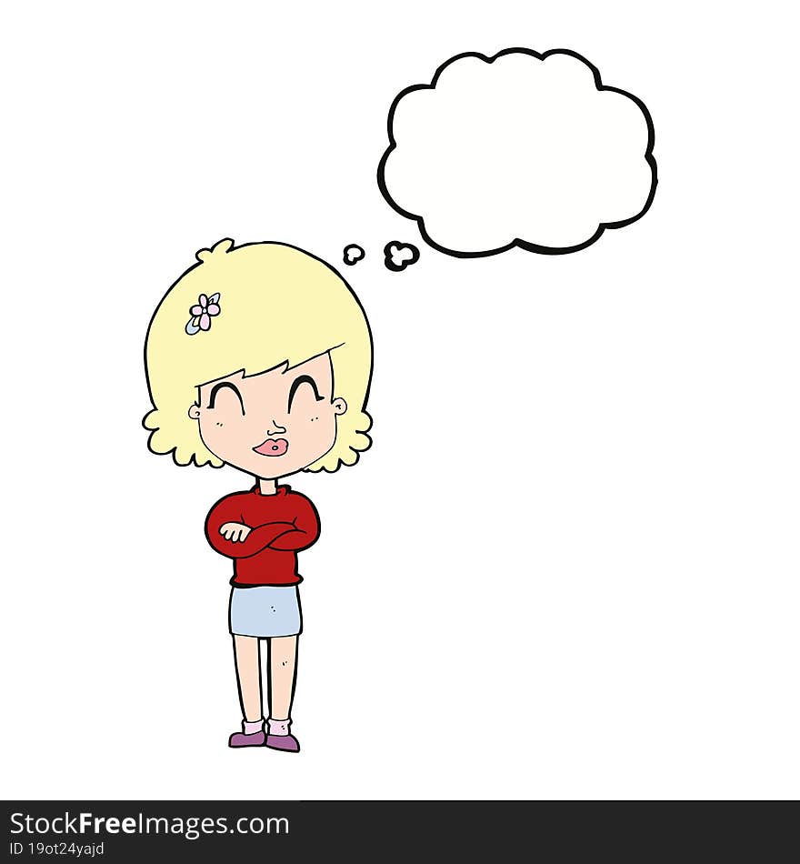 Cartoon Happy Woman With Folded Arms With Thought Bubble