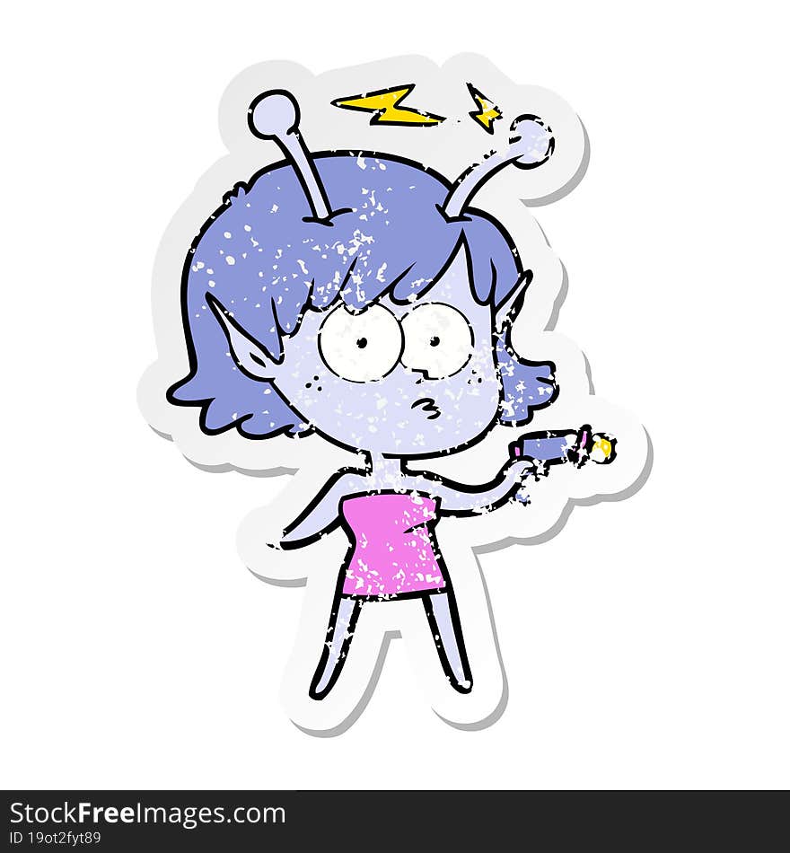 distressed sticker of a cartoon alien girl