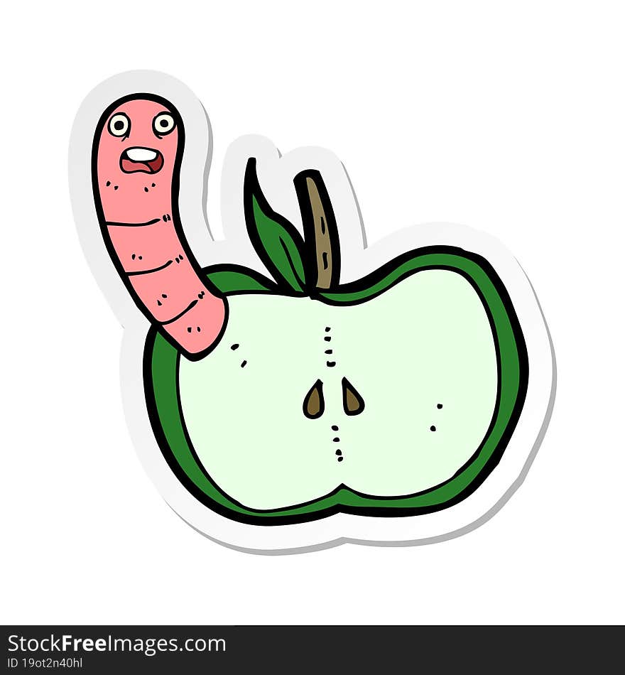 sticker of a cartoon apple with worm