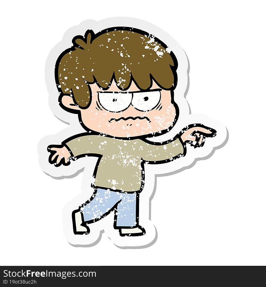 distressed sticker of a annoyed cartoon boy