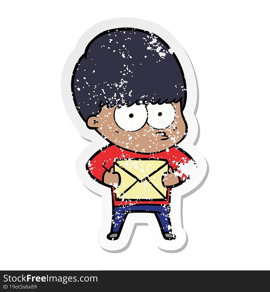 distressed sticker of a nervous cartoon boy