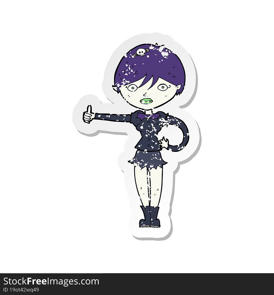 Retro Distressed Sticker Of A Cartoon Vampire Girl Giving Thumbs Up Symbol