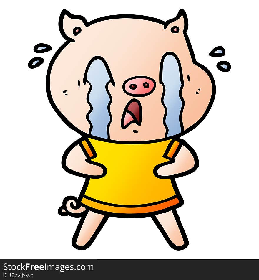 crying pig cartoon wearing human clothes. crying pig cartoon wearing human clothes