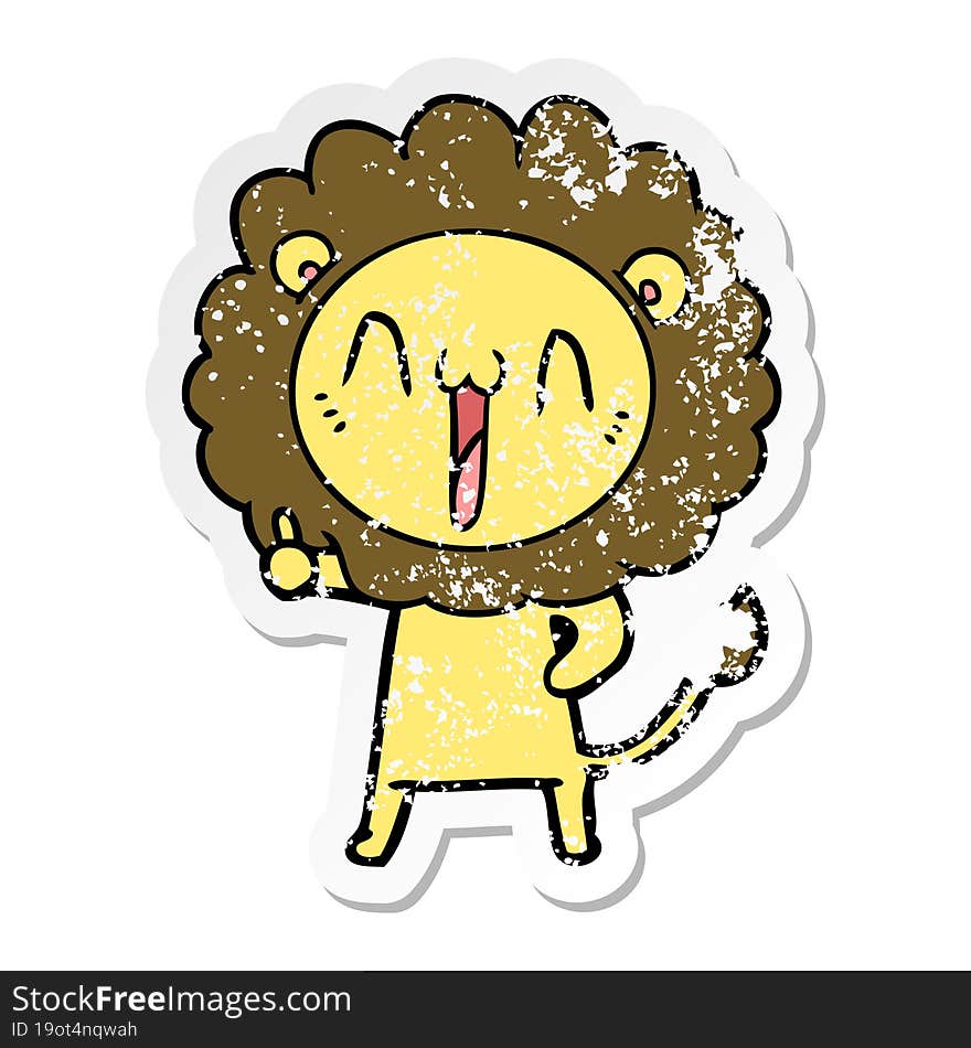 distressed sticker of a happy cartoon lion