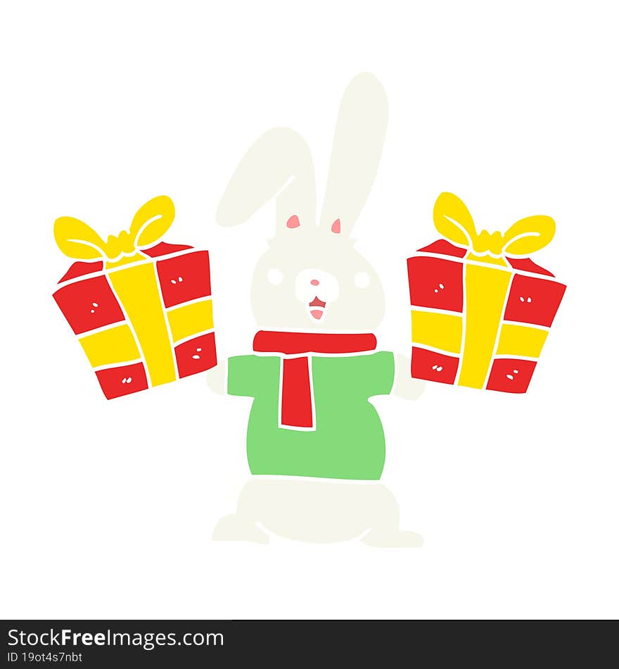 Flat Color Style Cartoon Rabbit With Christmas Presents