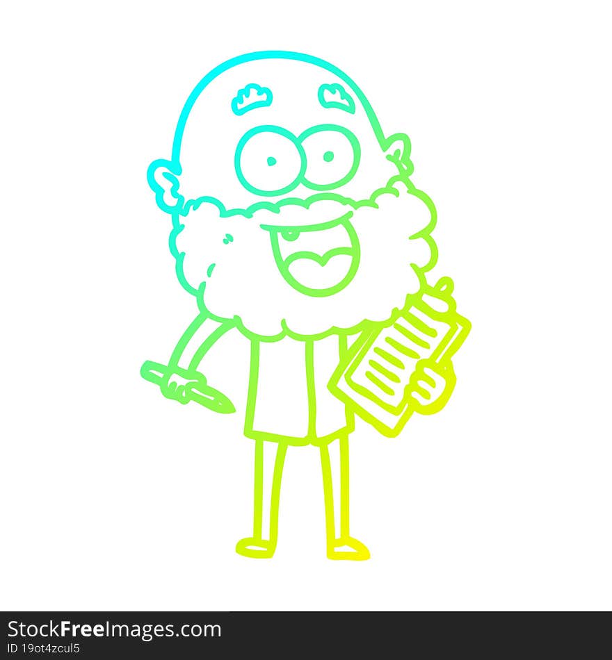 Cold Gradient Line Drawing Cartoon Crazy Happy Man With Beard And Clip Board For Notes