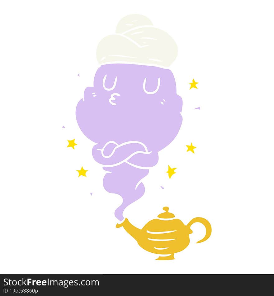 cute flat color style cartoon genie rising out of lamp
