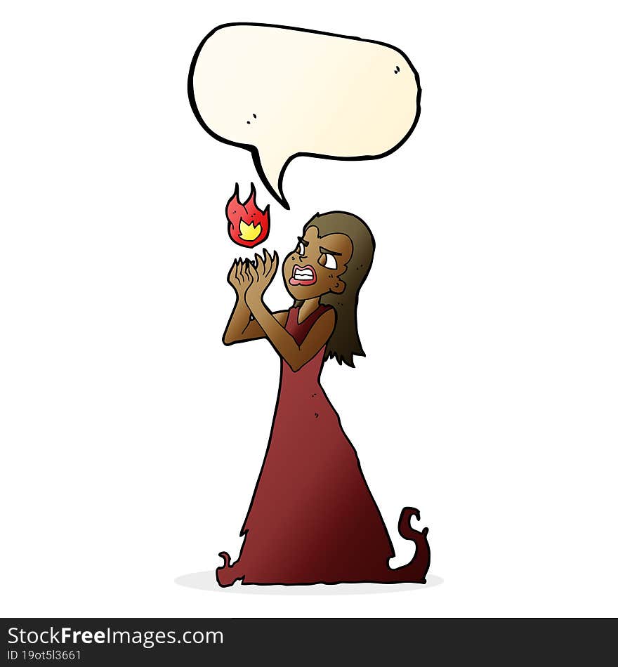 cartoon witch woman casting spell with speech bubble