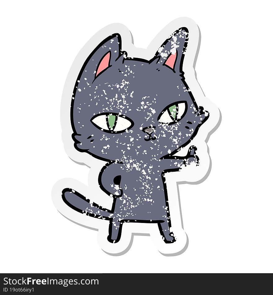 distressed sticker of a cartoon cat staring