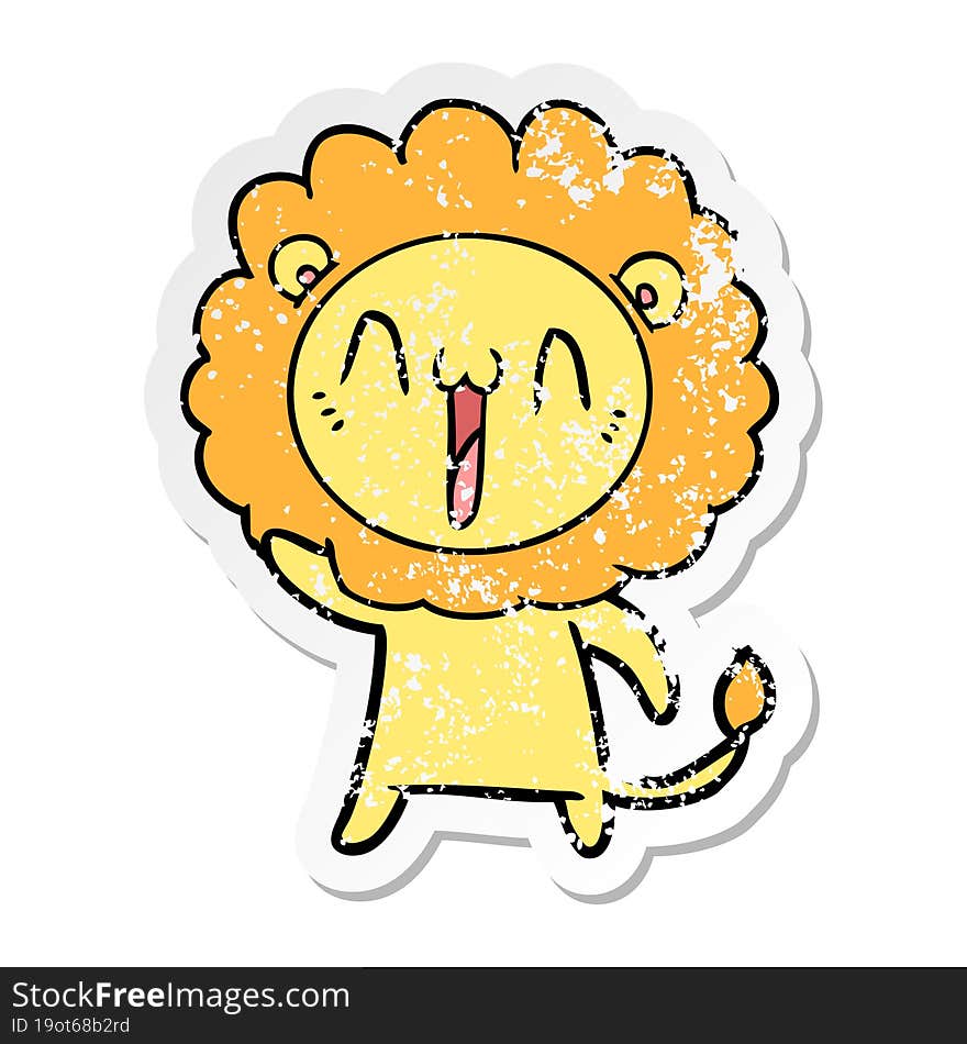 distressed sticker of a happy cartoon lion