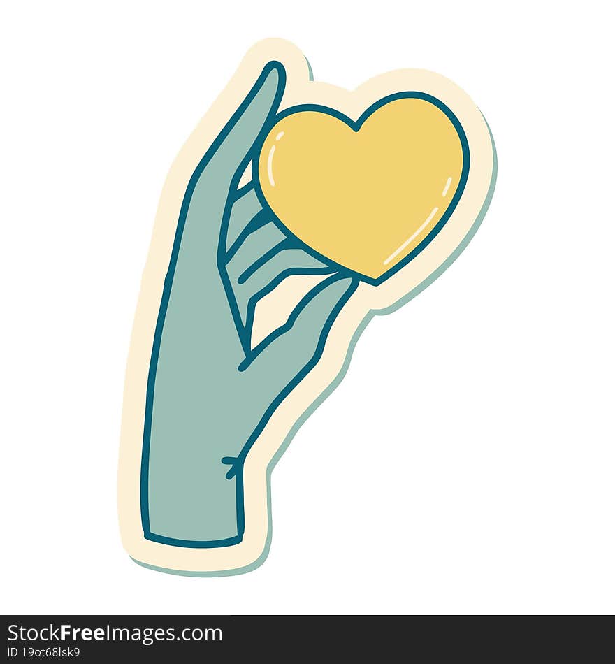 sticker of tattoo in traditional style of a hand holding a heart. sticker of tattoo in traditional style of a hand holding a heart