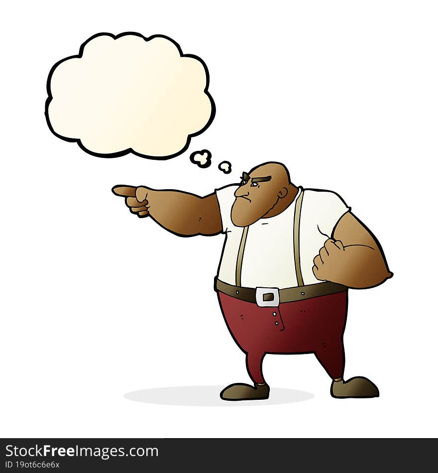 cartoon angry tough guy pointing with thought bubble