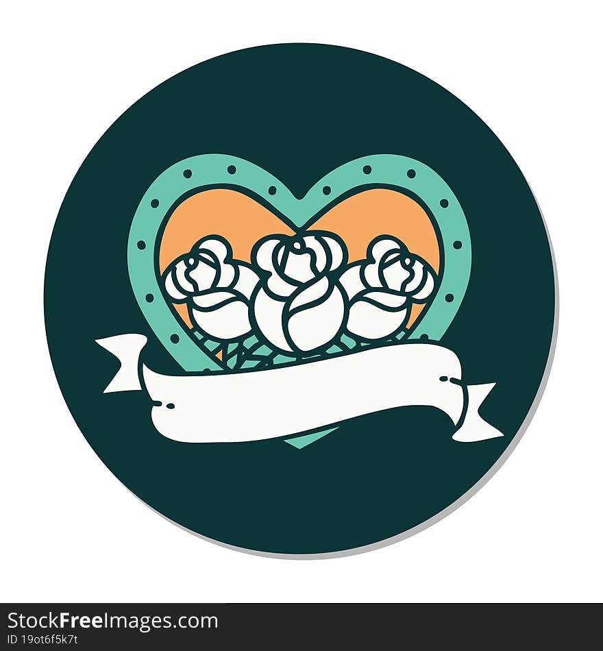 sticker of tattoo in traditional style of a heart and banner with flowers. sticker of tattoo in traditional style of a heart and banner with flowers