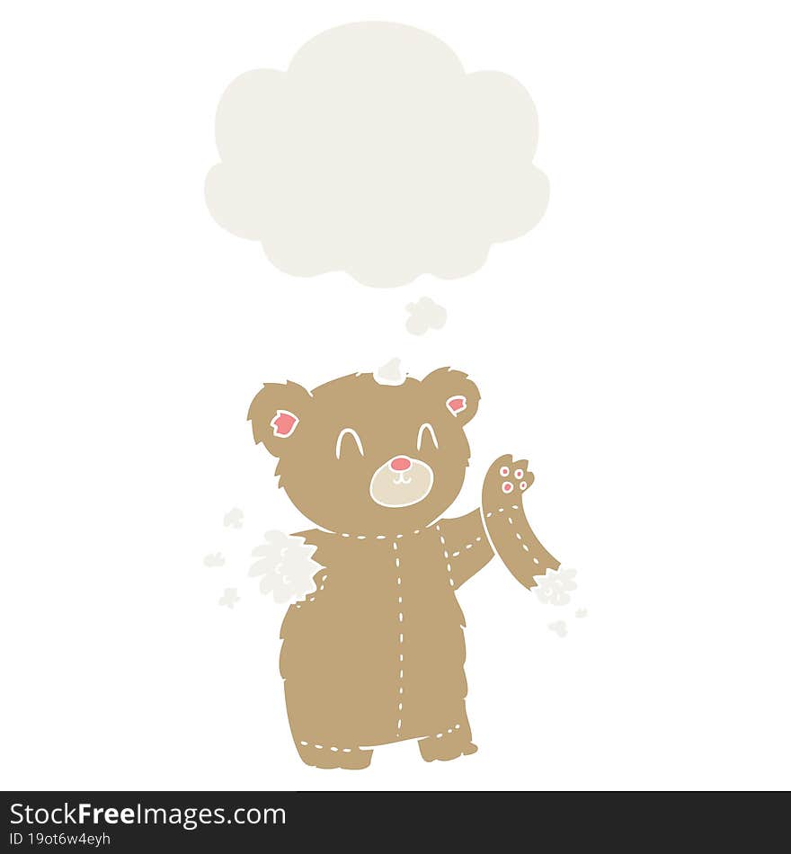 cartoon teddy bear with torn arm and thought bubble in retro style