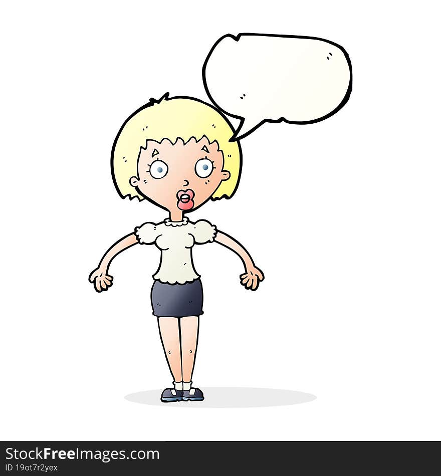 cartoon confused woman shrugging shoulders with speech bubble