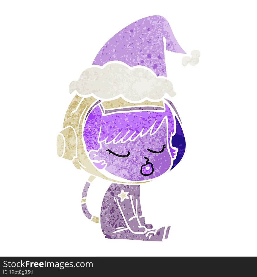 retro cartoon of a pretty astronaut girl sitting waiting wearing santa hat