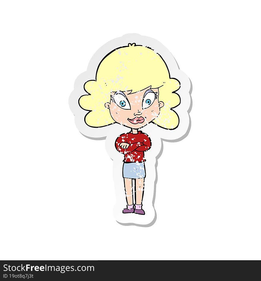 retro distressed sticker of a cartoon happy woman with folded arms