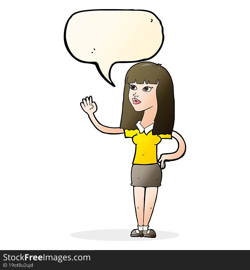 cartoon pretty woman waving with speech bubble