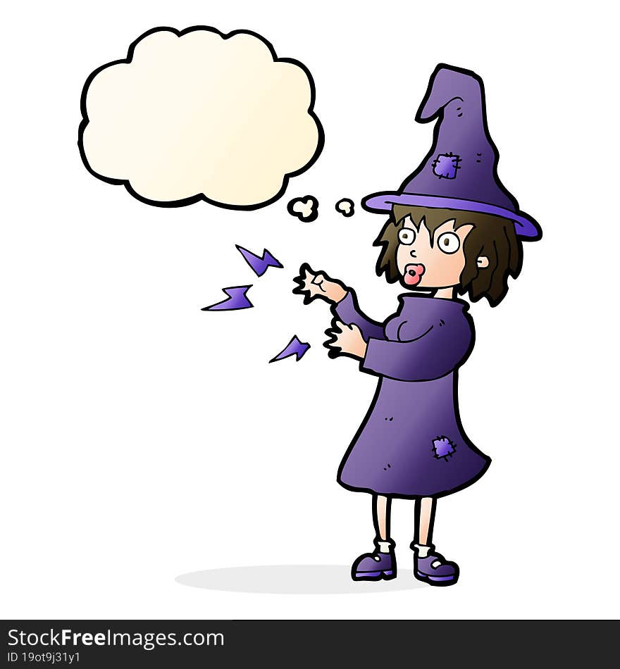 cartoon witch casting spell with thought bubble