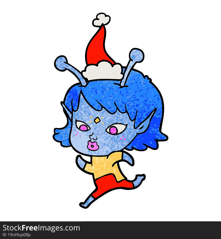 pretty textured cartoon of a alien girl running wearing santa hat