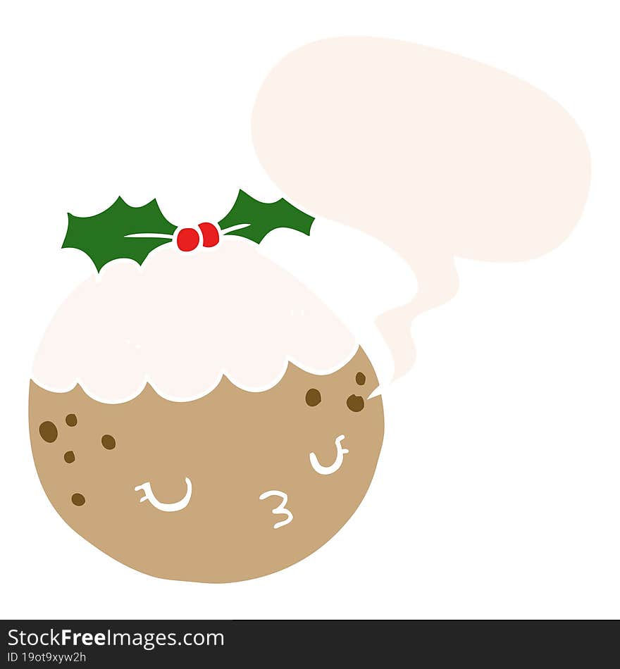 cute cartoon christmas pudding and speech bubble in retro style