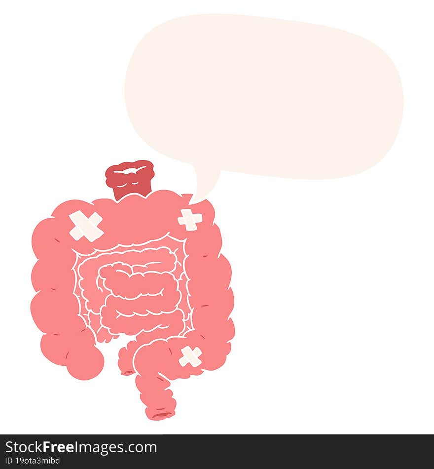 cartoon repaired intestines with speech bubble in retro style