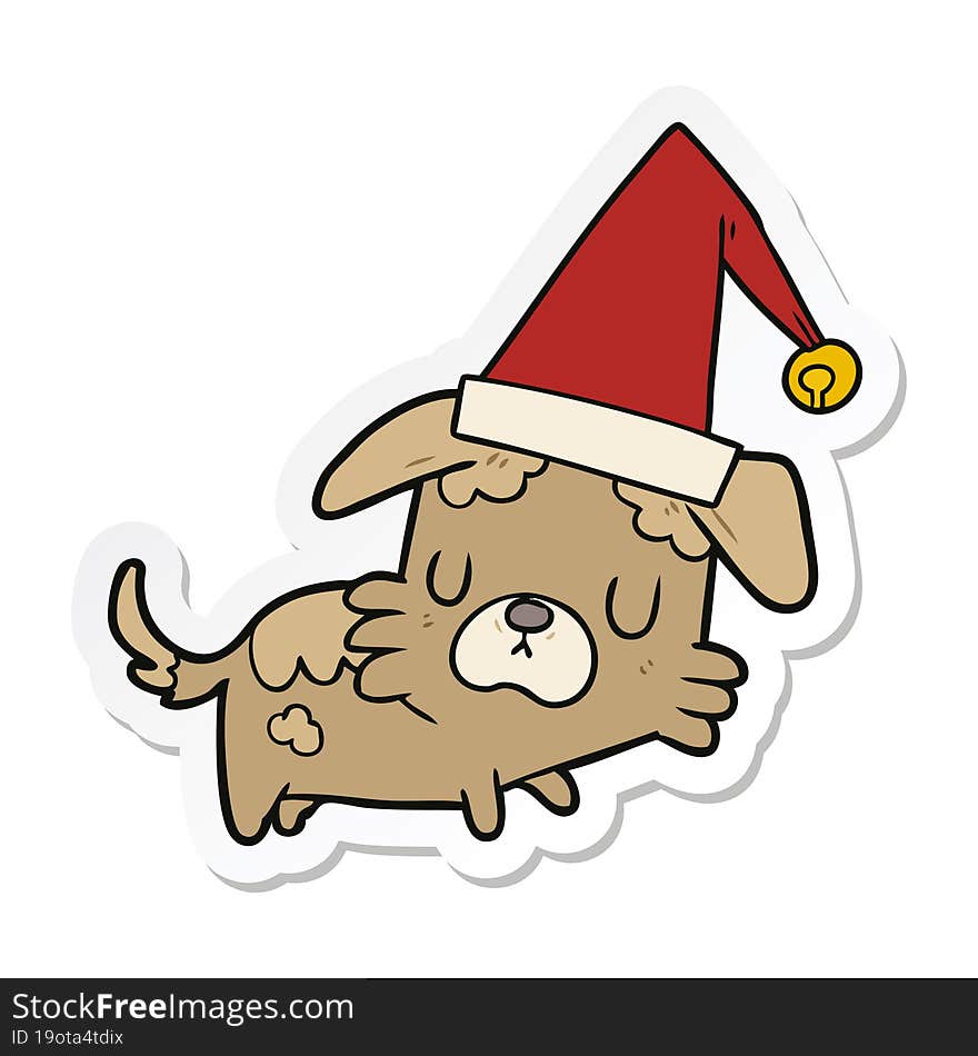 Sticker Of A Cartoon Dog In Christmas Hat