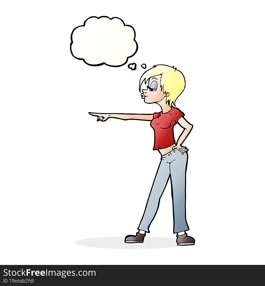 cartoon hip woman pointing with thought bubble