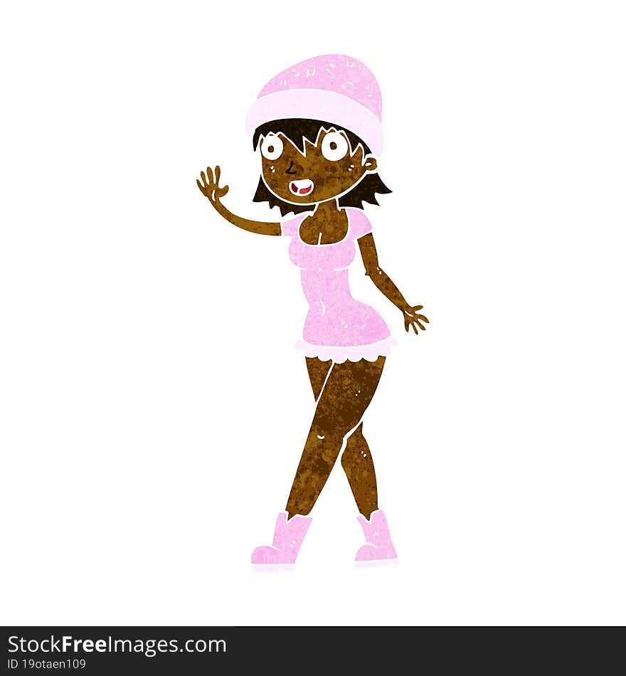 cartoon pretty girl in hat waving