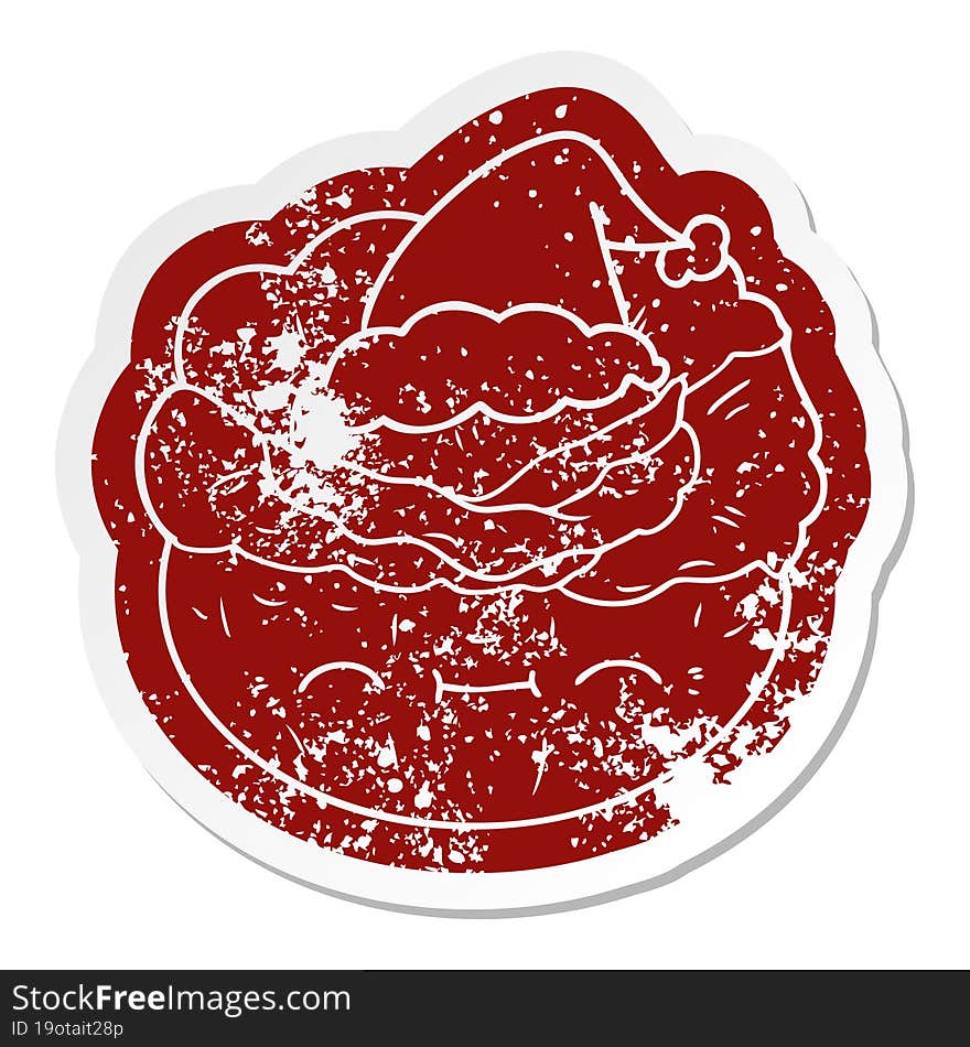 Cartoon Distressed Sticker Of A Cabbage Wearing Santa Hat