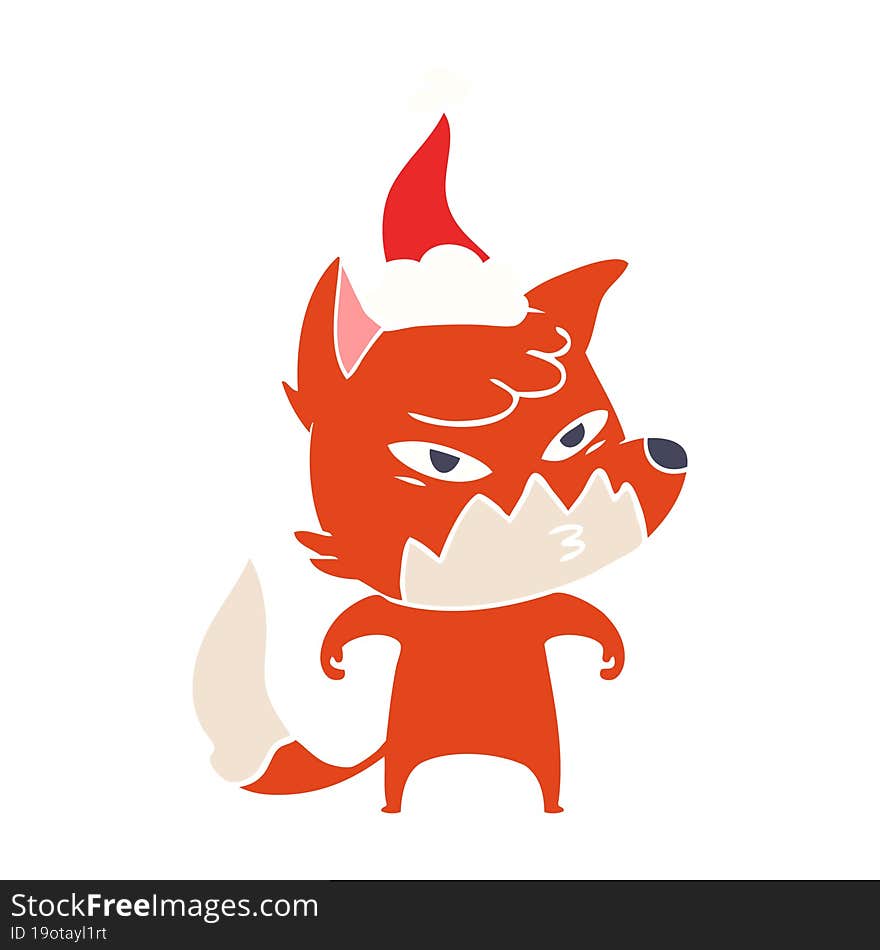 clever flat color illustration of a fox wearing santa hat