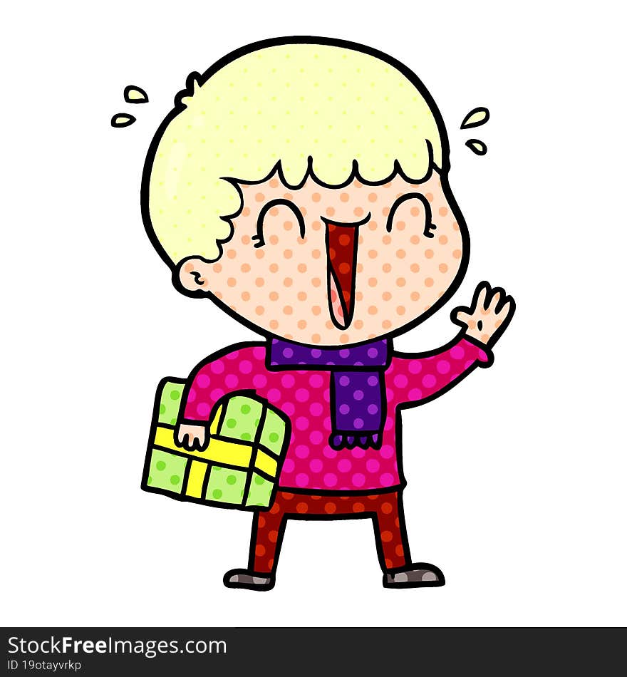 laughing cartoon man with present. laughing cartoon man with present