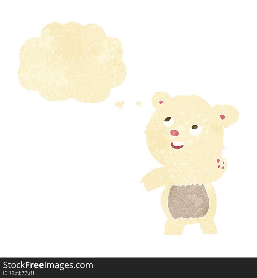 cartoon cute waving polar bear teddy with thought bubble