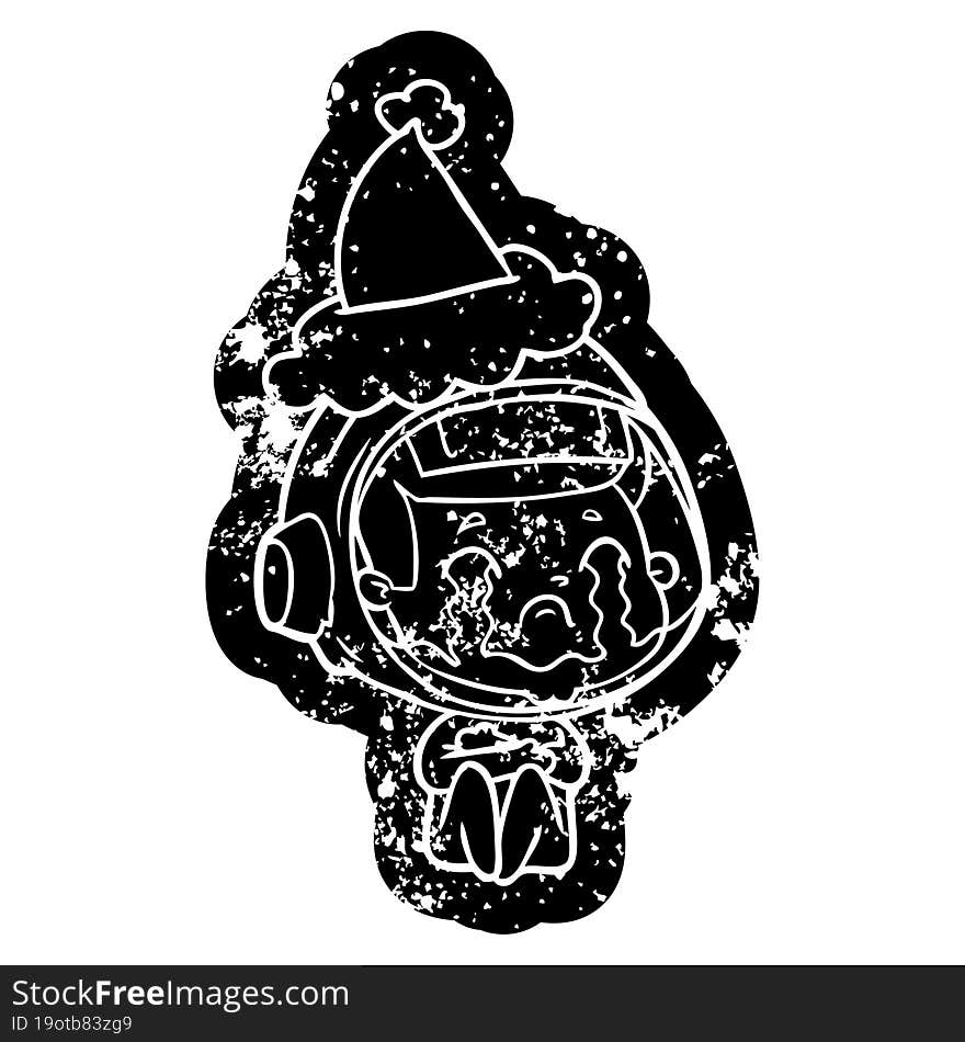 quirky cartoon distressed icon of a crying astronaut wearing santa hat